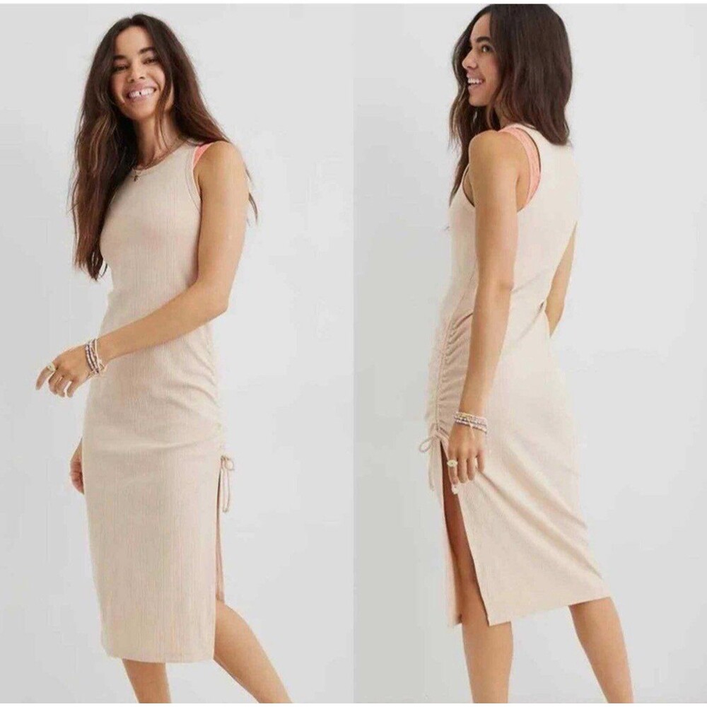 Aerie Cream Ruched Ribbed Fitted Midi Dress Sz M